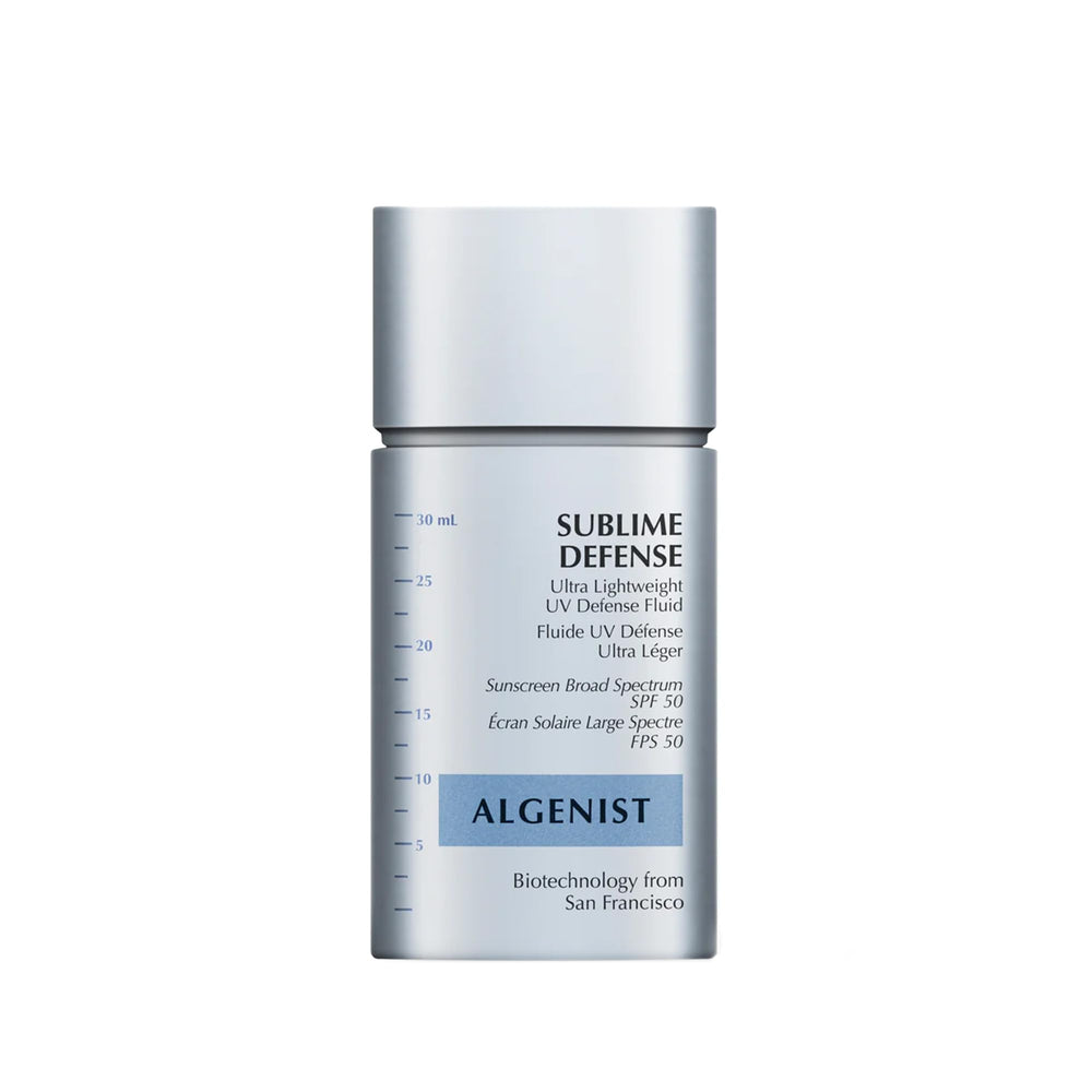 Algenist Sublime Defense fluide solaire SPF50, protection légère et quotidienne.