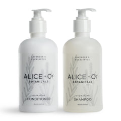 Alice + Co Shampoing Lavande Eucalyptus: duo bouteilles, nettoyage doux et revitalisant.