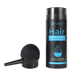 ALIVER: fibres capillaires noir sur bouteille, rendu naturel et dense.