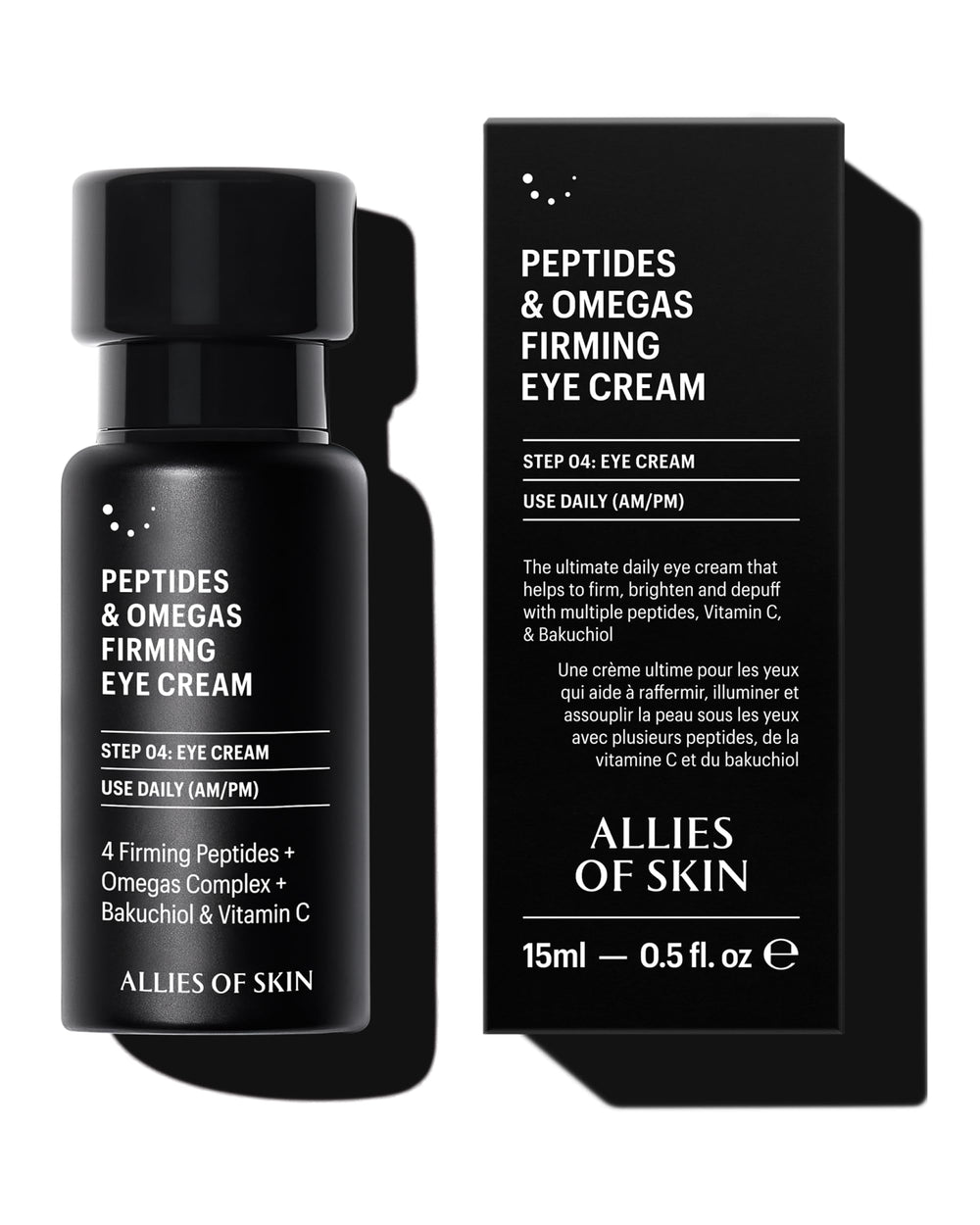 Allies of Skin Crème Yeux Peptides, emballage élégant et hydratation ciblée.