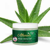 Allurials Aloe Vera Gel bottle shown for skin hydration.