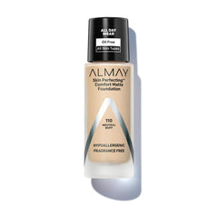 Almay Skin Perfecting Comfort Matte Foundation en flacon: couvrance légère et durable.