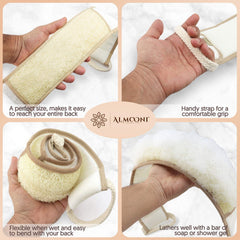 ALMOONI loofah flexible épouse les contours du dos pour une exfoliation homogène.