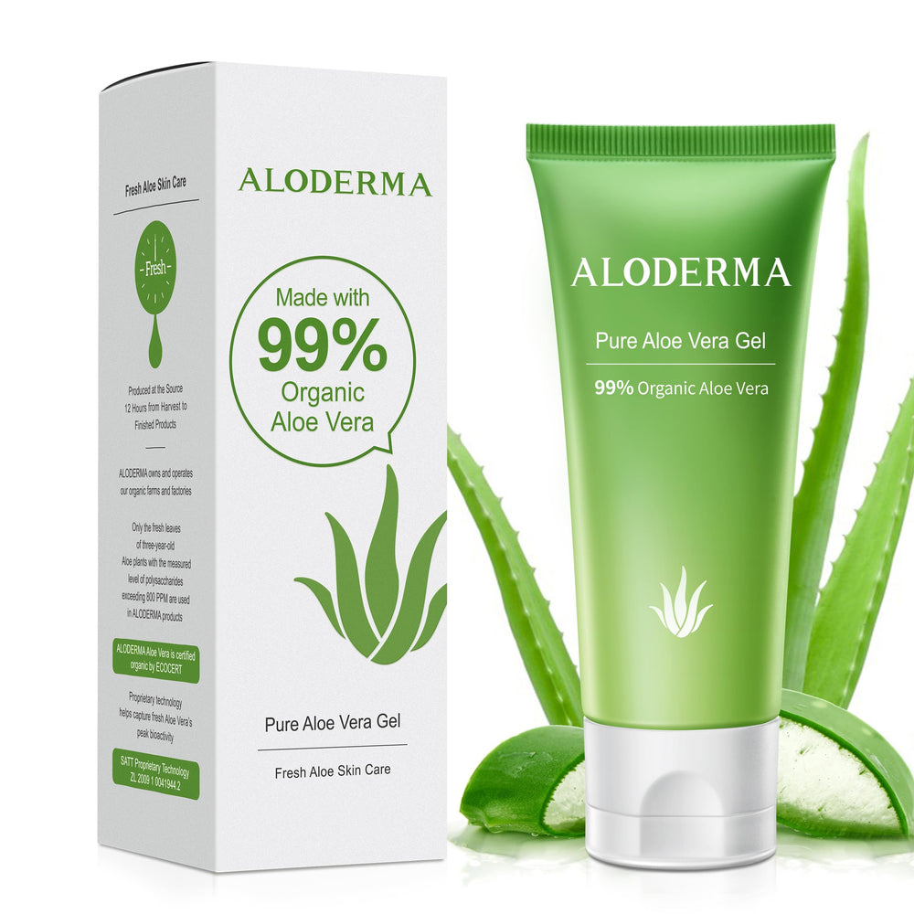 Aloderma Gel Aloe Vera 99% format tube voyage pour hydratation rapide.