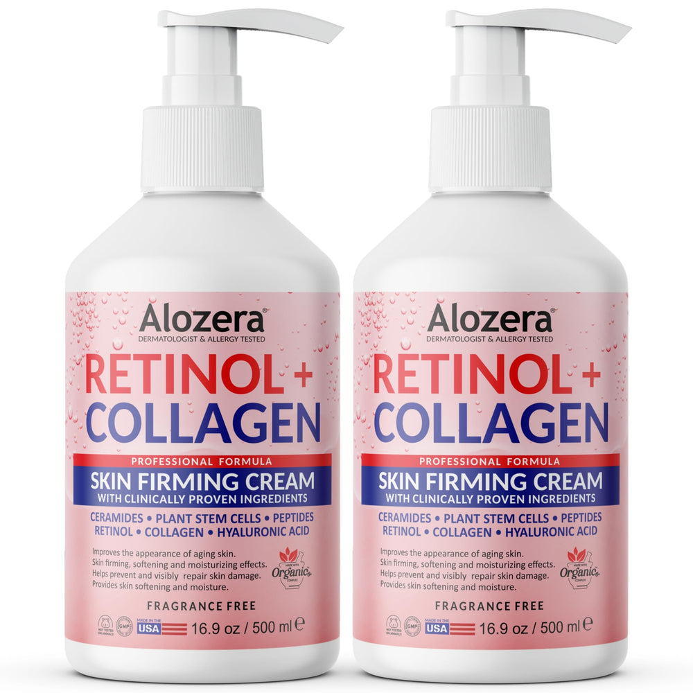 Lotion Alozera dans sa bouteille, formule retinol et collagène pour une fermeté potentielle.