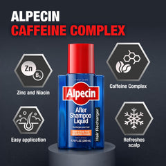Caféine, zinc et niacine visibles sur l’étiquette d’Alpecin après-shampooing.