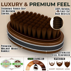 Brosse barbe Alpha Organics manche bois-noyer pour une prise en main ergonomic.