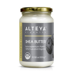Beurre karité pur Alteya Organics dans un bocal verre, hydratation durable.