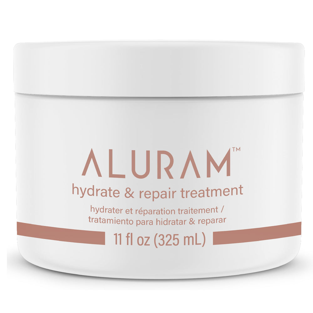 ALURAM Hydrate & Repair, flacon soin cheveux abîmés offrant hydratation en profondeur.