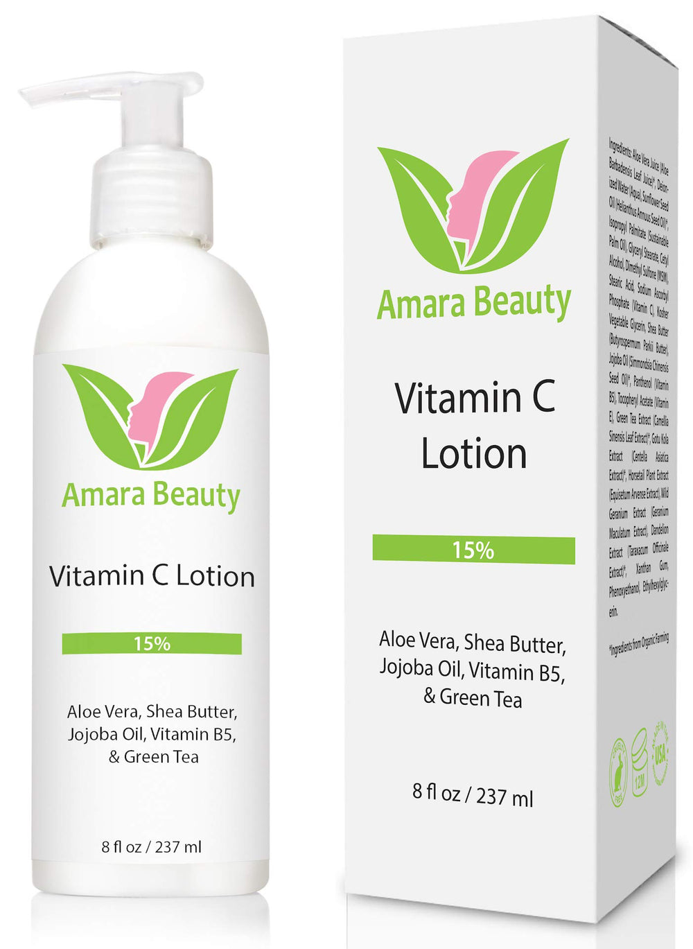 Amara Beauté Lotion Vitamine C flacon 8 oz pour visage et corps, hydratation durable.
