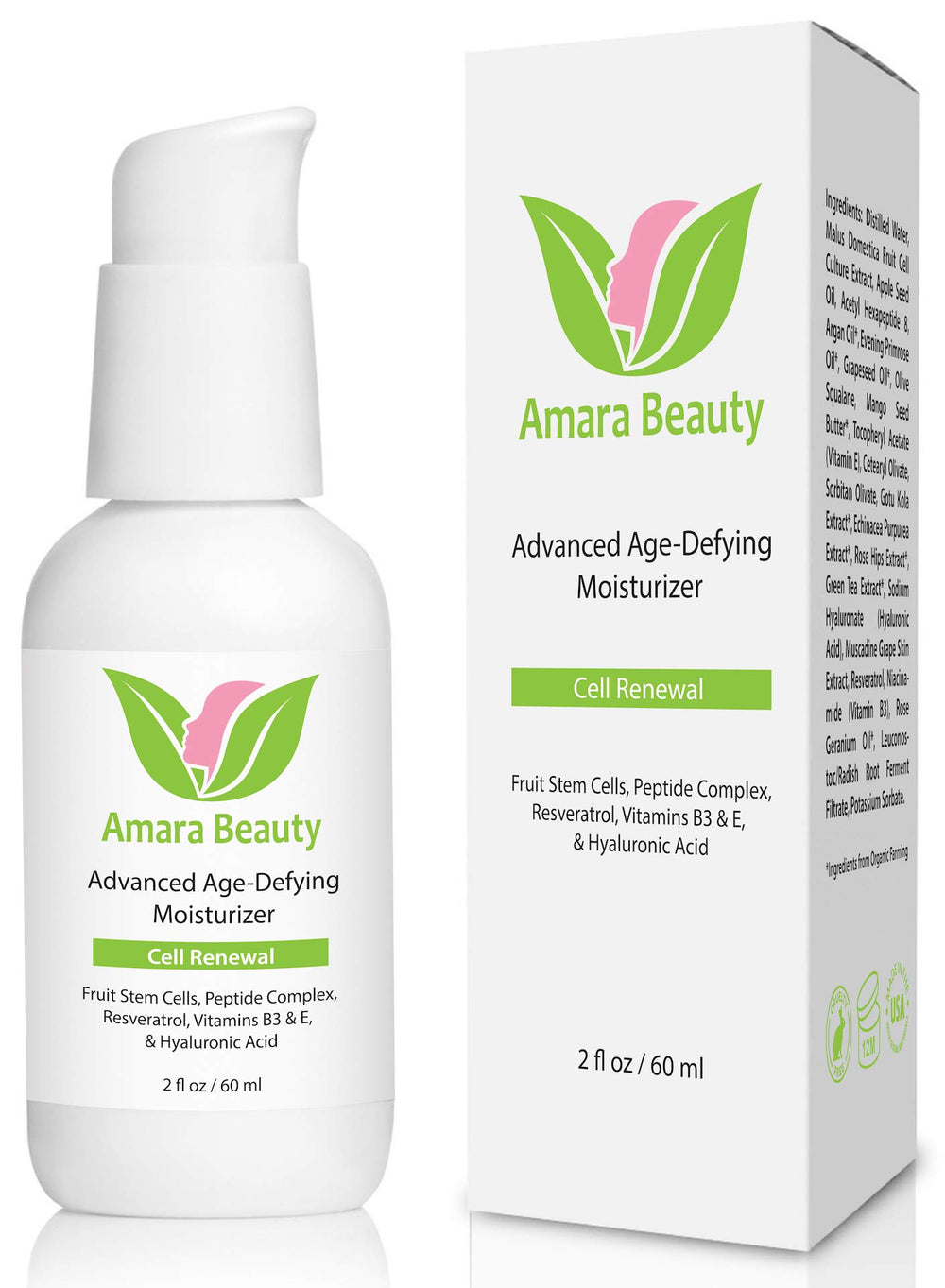 Crème anti-âge Amara Beauty en bouteille, hydratation durable et peau douce.