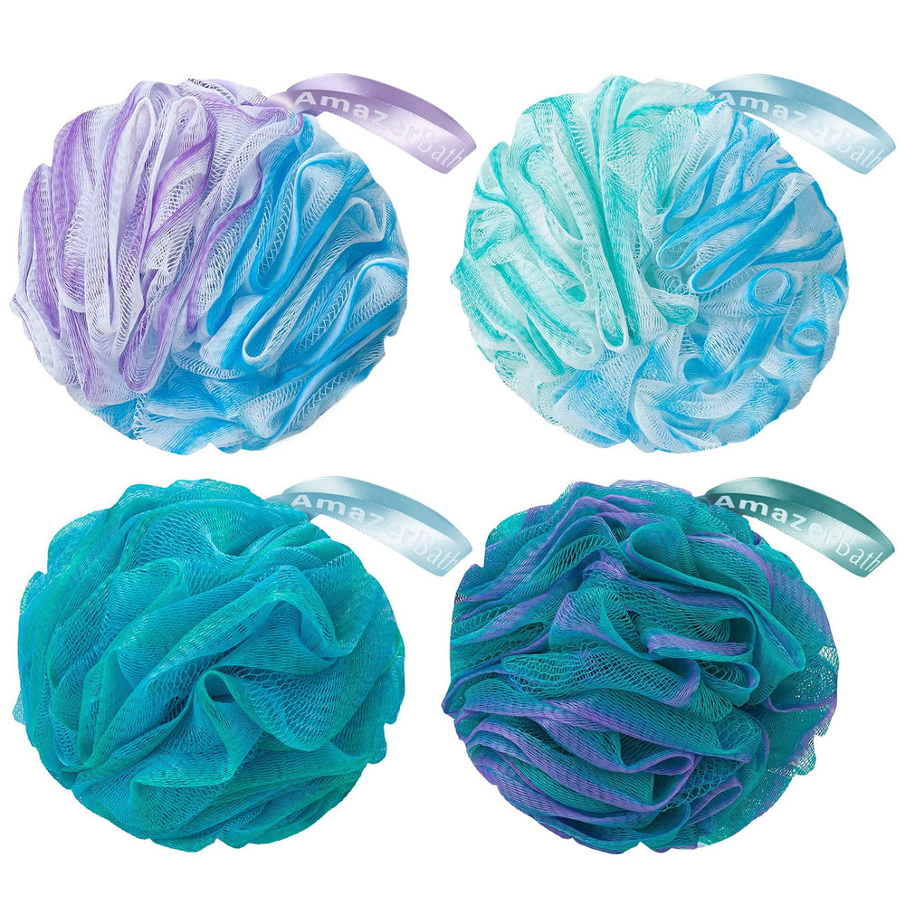 AmazerBath Loofah: ensemble de 4 éponges fleurs vert et violet pour exfolier en douceur.