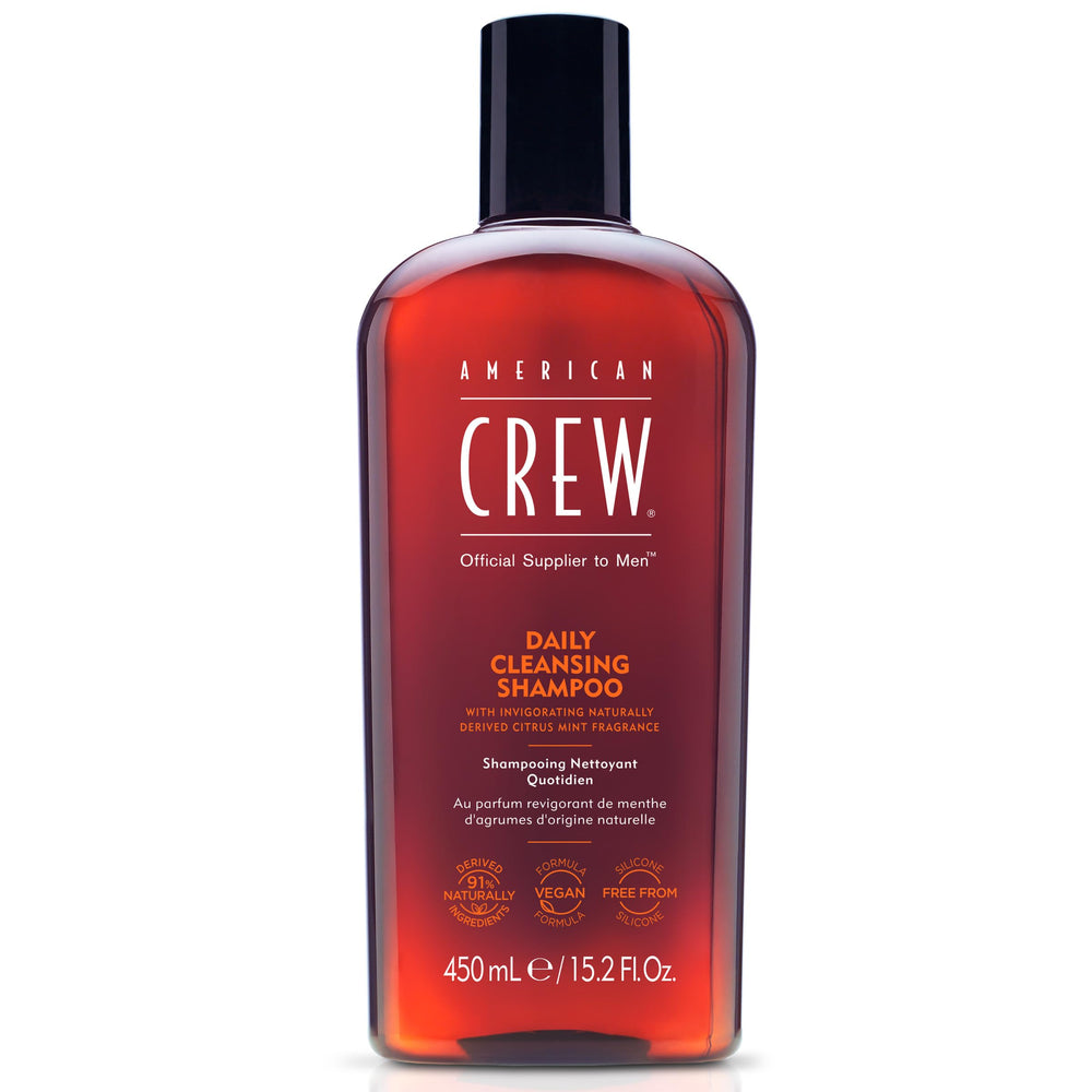 AMERICAN CREW shampooing pour hommes, bouteille nette et parfum citron-menthe frais.