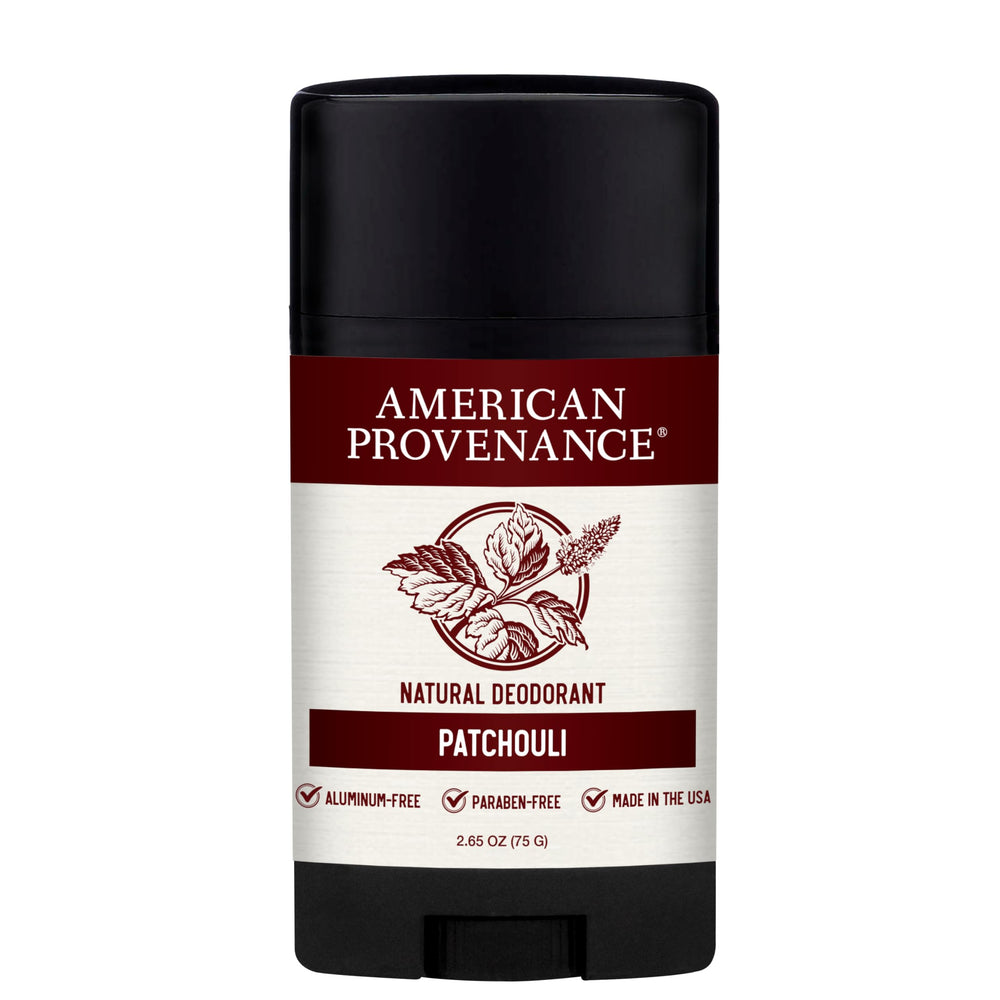 American Provenance Patchouli déodorant, bouteille, parfum naturel et frais.