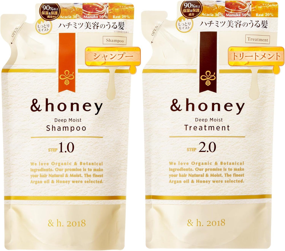 &-honey Deep Moist Shampoing en flacon, versement fluide et hydratation en profondeur.