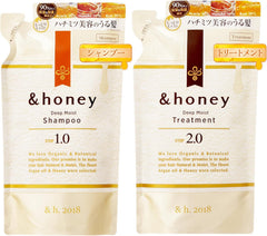 &-honey Deep Moist Shampoing en flacon, versement fluide et hydratation en profondeur.