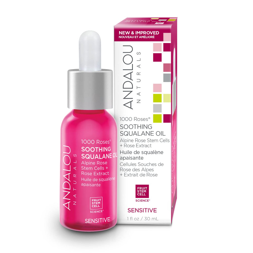 Andalou Naturals 1000 Roses: huile squalane en bouteille, hydratation légère pour peau sensible.