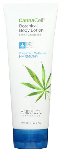 Lotion CannaCell Harmony d'Andalou Naturals sur flacon, hydratation douce pour le corps