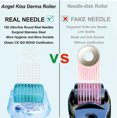 Angel Kiss Derma Roller utilisé sur le visage pour routine spa à domicile.