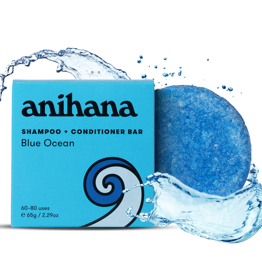 ANIHANA barre-shampoing-conditionneur bleu océan : parfum frais imagé pour cheveux propres et brillants.