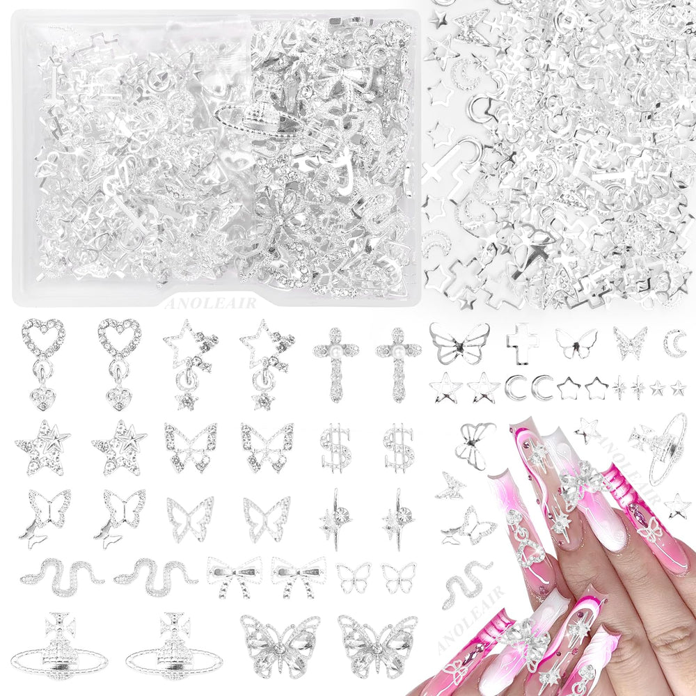 AnoleAir charmes argent croix et étoiles pour ongles, allure audacieuse.