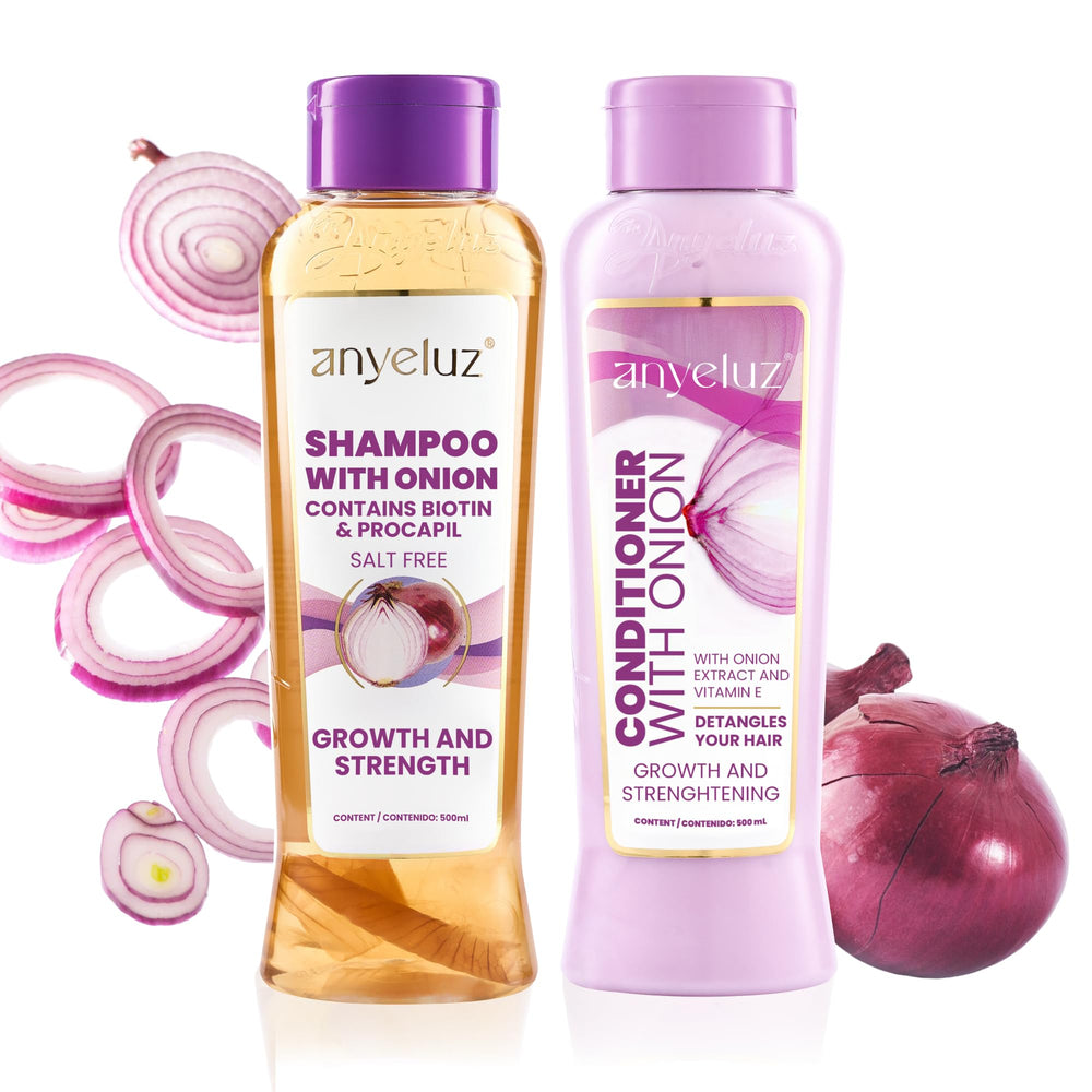 ANYELUZ Shampoing à l'oignon, flacon clair, purifie le cuir chevelu et apporte fraîcheur.