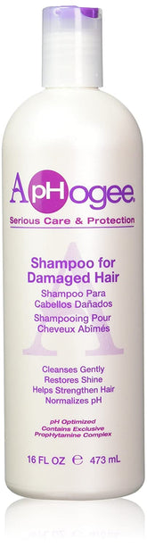 Aphogee Shampoing Cheveux Endommagés – bouteille en gros plan, renforce et protège les zones abîmées.