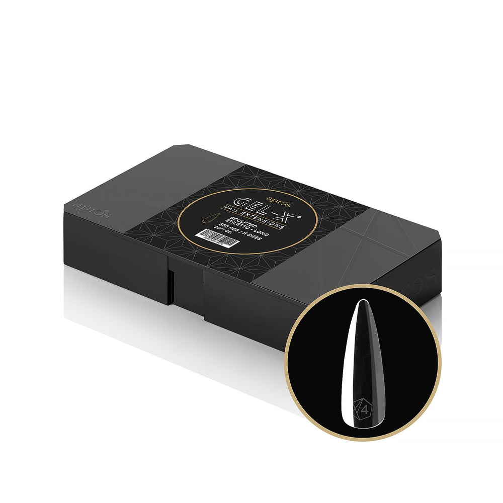 APRÉS Gel-X embouts stiletto longs, boîte complète pour résultats pro en salon.