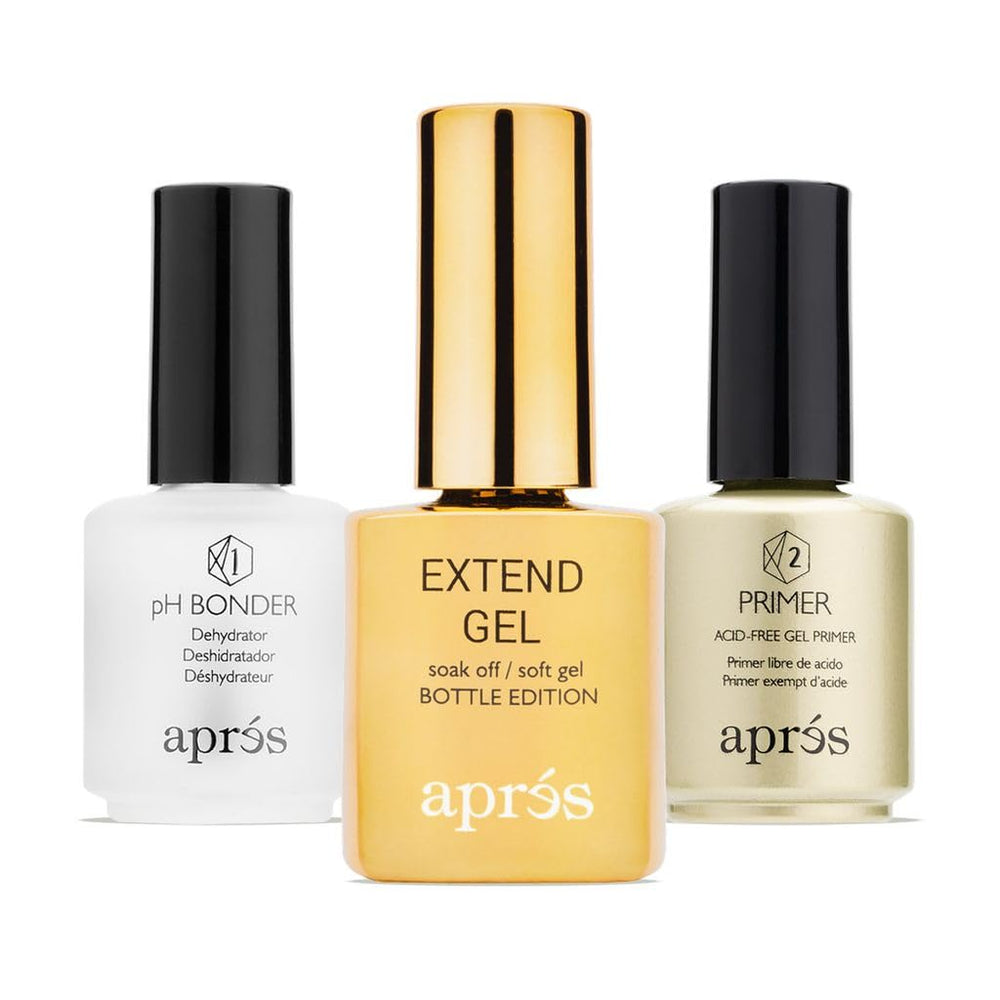 APRÉS Gel-X Extend Gel, bouteille dorée prête pour des extensions durables.