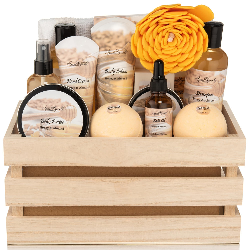 Coffret Aqua Elegante miel et amande, présentation luxueuse prête à offrir.