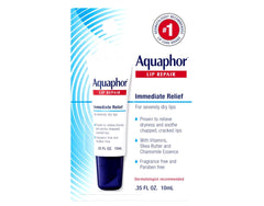 Aquaphor Lip Repair tube side view highlighting portable size for on-the-go lip care.