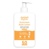 Aravi Organic Crème solaire sans huile pour le corps, texture légère et invisible.