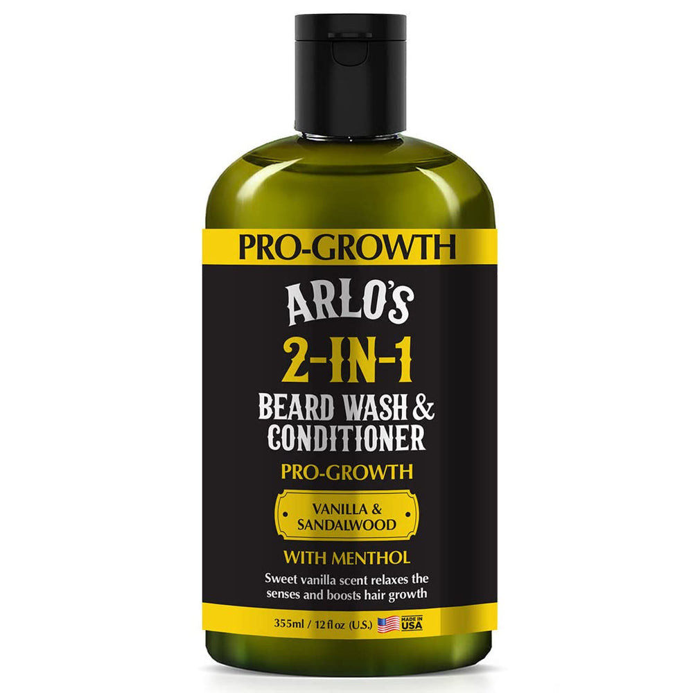 Arlo's Pro-Growth bouteille barbe vanille-santal menthol, nettoyage frais et efficace.