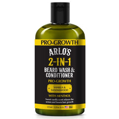 Arlo's Pro-Growth bouteille barbe vanille-santal menthol, nettoyage frais et efficace.