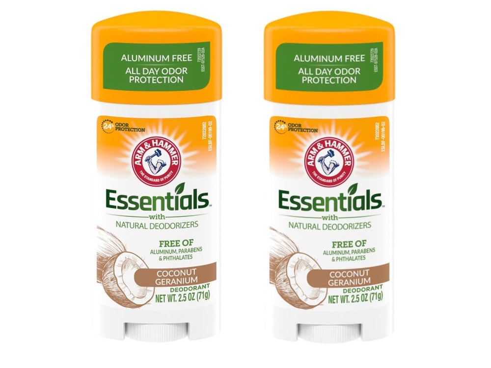 Déodorant ARM & HAMMER Essentials Coco Geranium, bouteille affichant un parfum léger et frais.