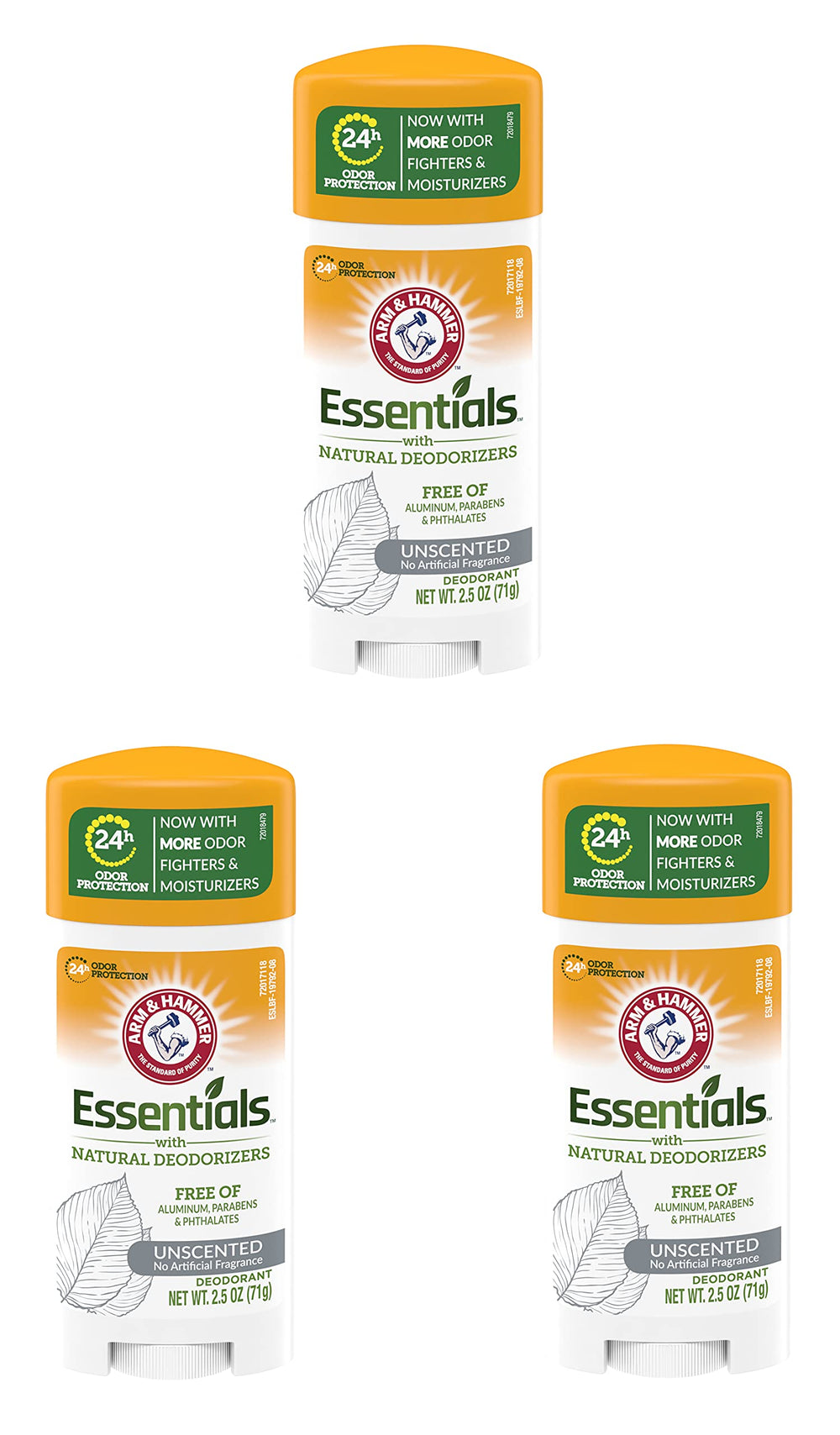 Arm and Hammer Essentials unscented deodorant stick in oval case for daily odor control.