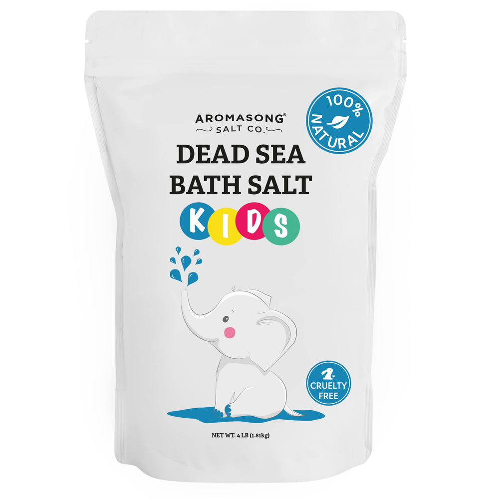 Aromasong Dead Sea Salt Kids Bath Pack shows bulk 4 lb bag for moisturizing skin