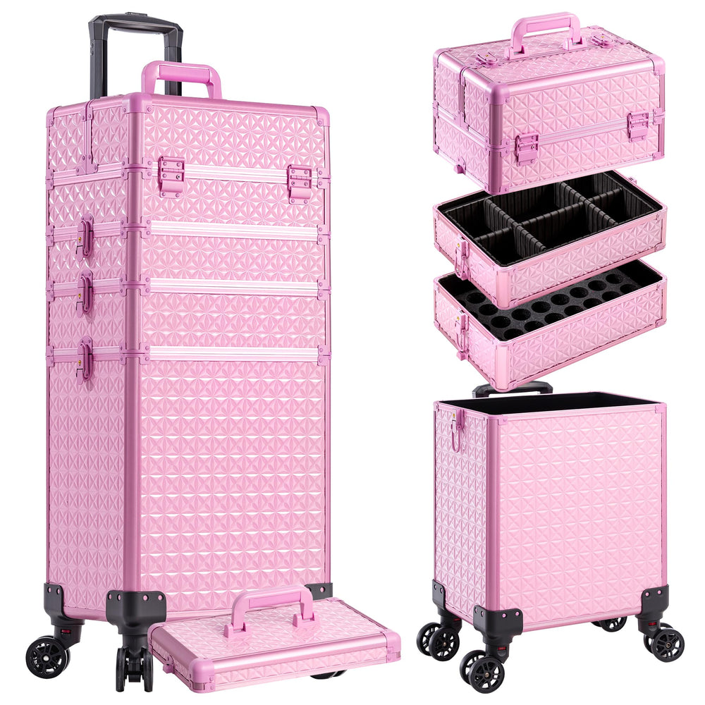 AROUS valise maquillage roulante rose ouverte, acces rapide et organise.