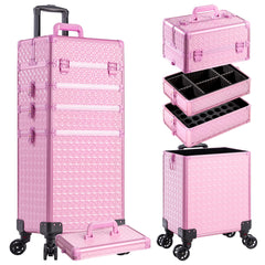 AROUS valise maquillage roulante rose ouverte, acces rapide et organise.