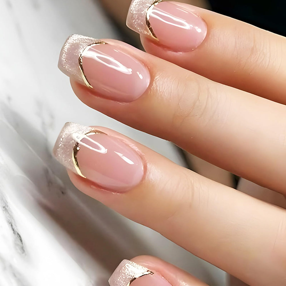 AROVFAM Ongles à bout français dorés, 24 pièces, look chic durable.