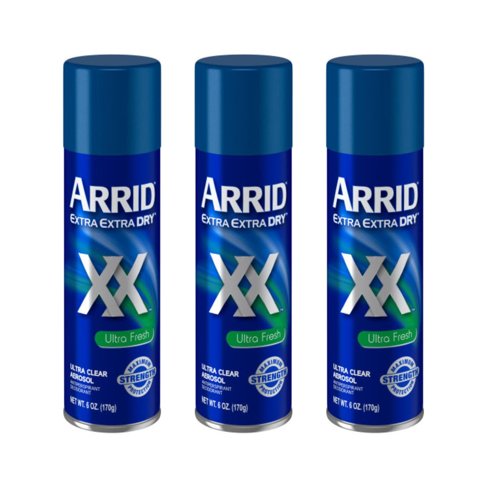 Arrid XX Extra Extra Dry Ultra Clear aerosol can for everyday protection and Ultra Fresh scent.