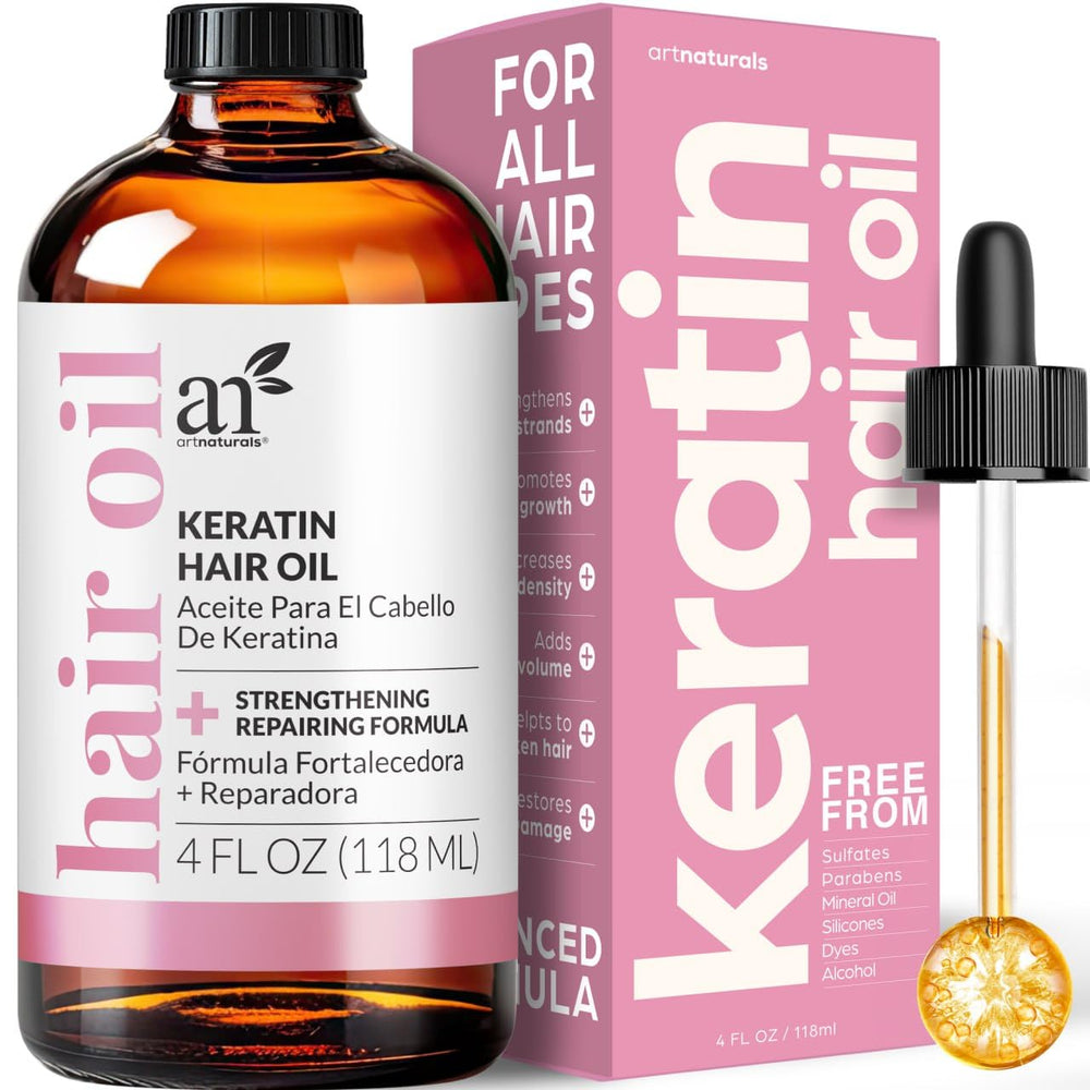 Artnaturals Huile à la kératine, bouteille mise en avant, cheveux nourris et renforcés.