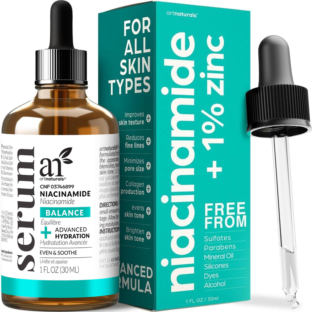 Sérum Artnaturals Niacinamide en bouteille, réduit les pores et uniformise le teint.