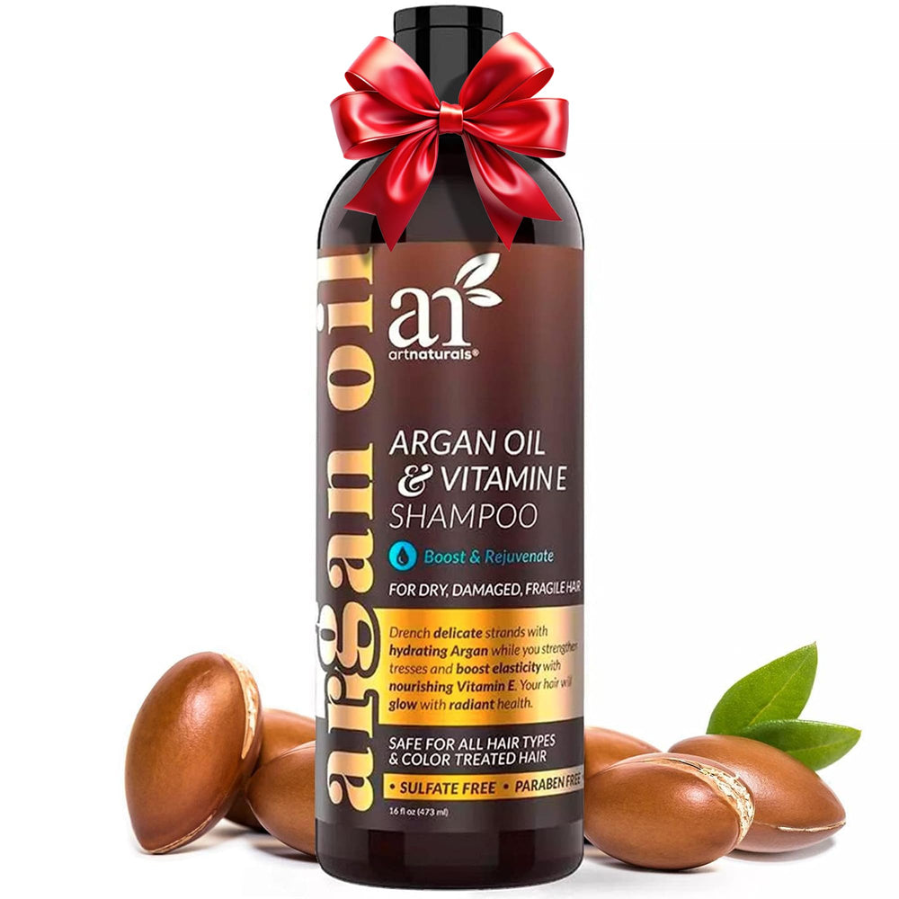 Shampoing Argan Art Naturals – bouteille montrant croissance des cheveux et brillance.