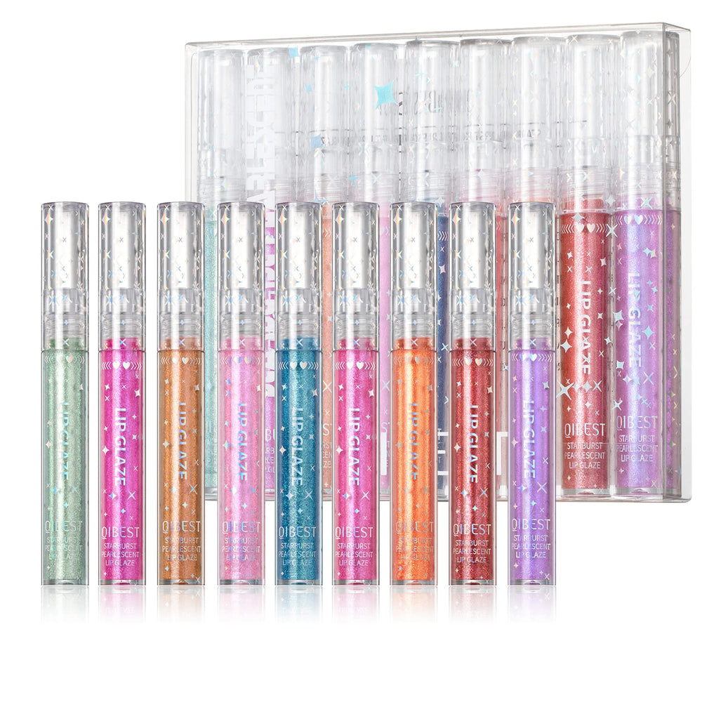 Aseawave gloss lèvres montrant l’ensemble de 9 teintes scintillantes pour un fini brillant et durable.
