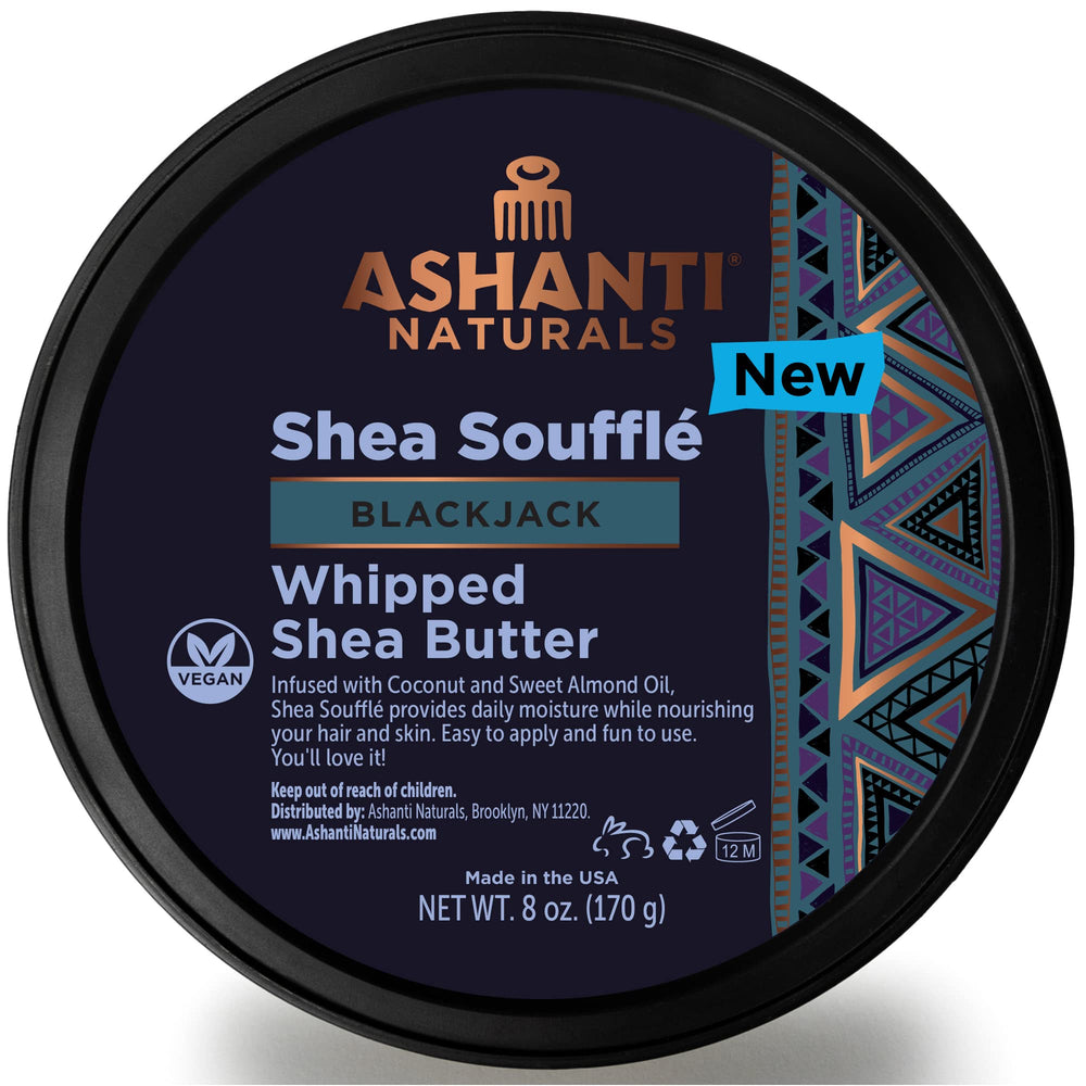 Ashanti Naturals Beurre Shea Fouetté Blackjack dans le flacon, hydratation durable et parfum masculin.