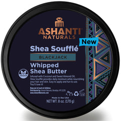 Ashanti Naturals Beurre Shea Fouetté Blackjack dans le flacon, hydratation durable et parfum masculin.