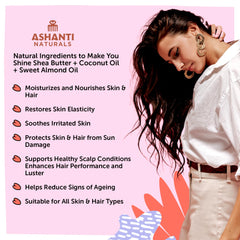 Ashanti Naturals Crème corps karité fouetté, texture onctueuse et parfumée.