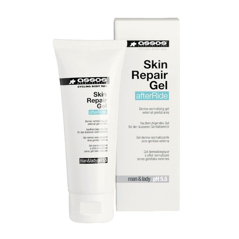 Gel réparateur Assos, bouteille après-ride: apaise et soutient la peau après l'effort.