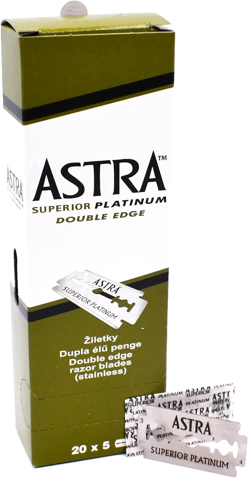 Lames Astra Platinum à double tranchant dans l'emballage, prêt pour un rasage précis.